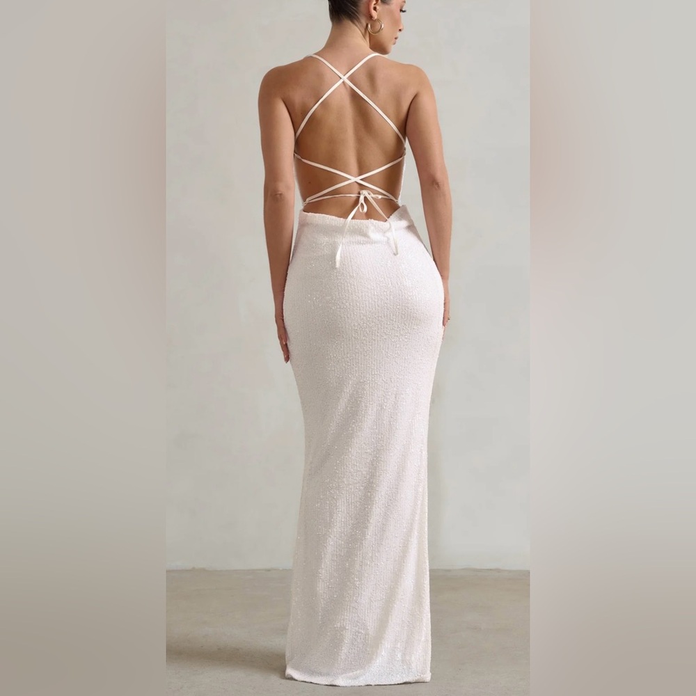 Elegant White Evening,Prom,Wedding, or Special Occasion Sequin Maxi Dress. - Picture 2 of 4